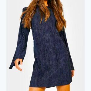 Navy Blue V necked pleated Dress long bell sleeves Elegant & Comfy Size L EUC